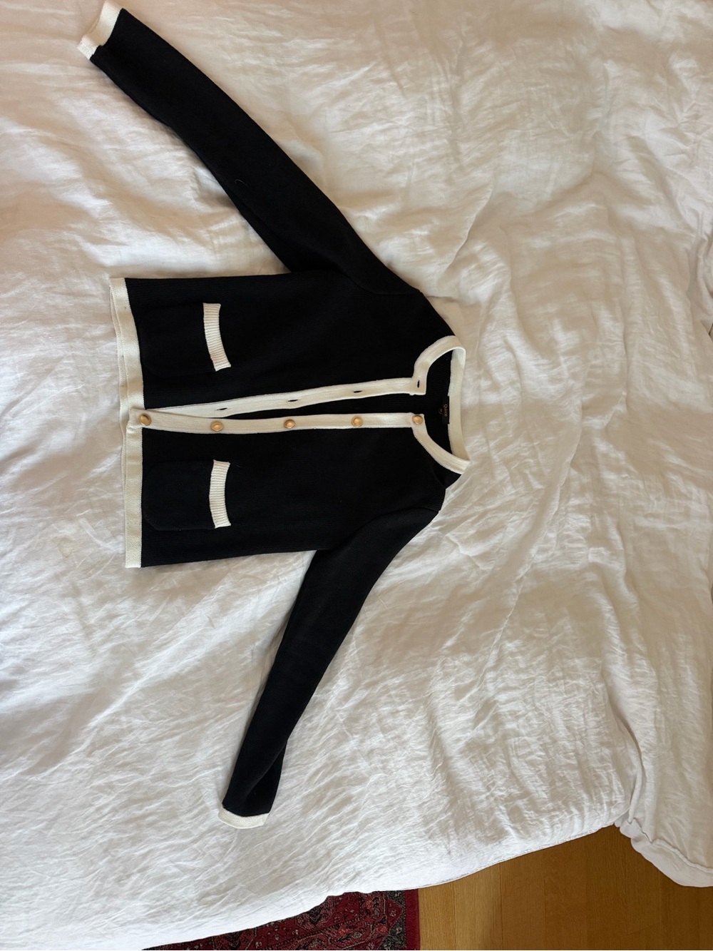 Quince Black Cardigan with White Trim and Gold Button - Picture 3 of 4
